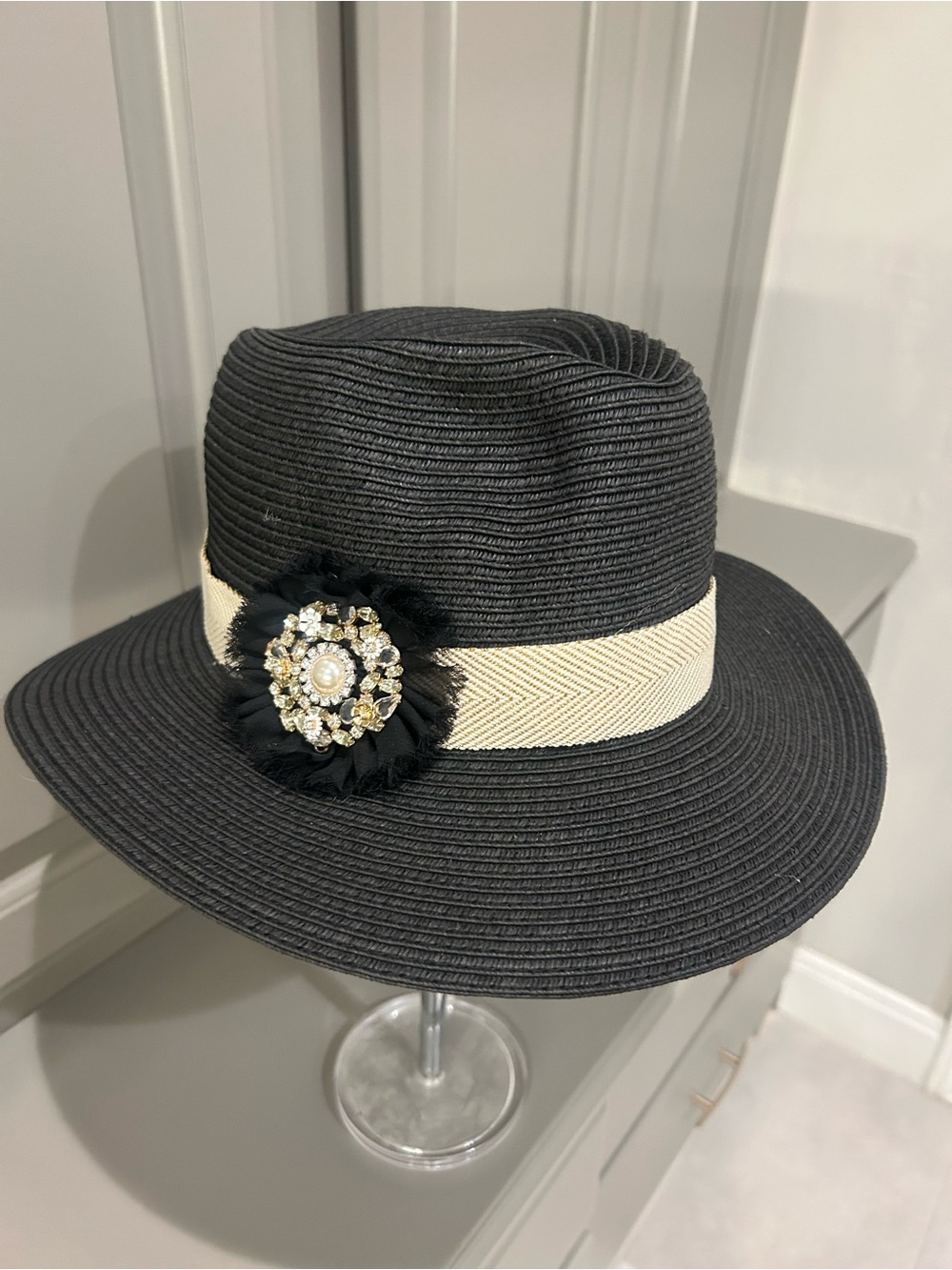 Classic Black Straw Fedora with Ivory Band and Jeweled Floral Pin